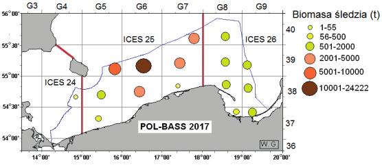 , na podstawie wyników polskich badań (MIR-PIB) w 24, 2 i 26 podobszarze ICES (Grygiel i Kruk 218, Grygiel i Smoliński 218); uwaga: uwzględniono różne zakresy wartości biomasy.