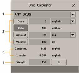 27 Korzystanie z kalkulatora leków Wykonywanie obliczeń dla leku nieokreślonego 1 Wybór opcji DOWOLNY LEK 2 Pola wprowadzania danych Dawka, Prędkość, Ilość i Objętość 3 Obliczona standaryzowana