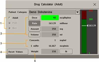 27 Korzystanie z kalkulatora leków Wykonywanie obliczeń dla konkretnego leku 1 Kategoria wiekowa pacjenta (Dorosł, Pedi, Nowor) 2 Pola wprowadzania danych Dawka, Prędkość, Ilość i Objętość 3