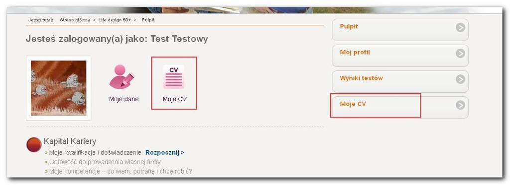 5. Moje CV Do zakładki Moje CV możesz przejść, klikając przycisk Moje CV w prawej części Pulpitu lub widoczny poniżej przycisk Moje CV: W