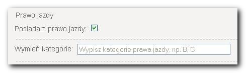 Uzupełnij, jeśli posiadasz, informację o posiadanym prawie jazdy: Kliknij przycisk