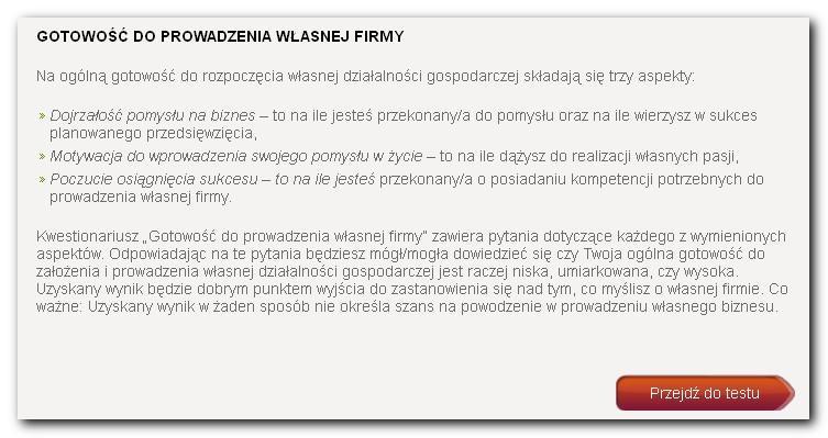 zakładka Gotowość do prowadzenia własnej firmy.