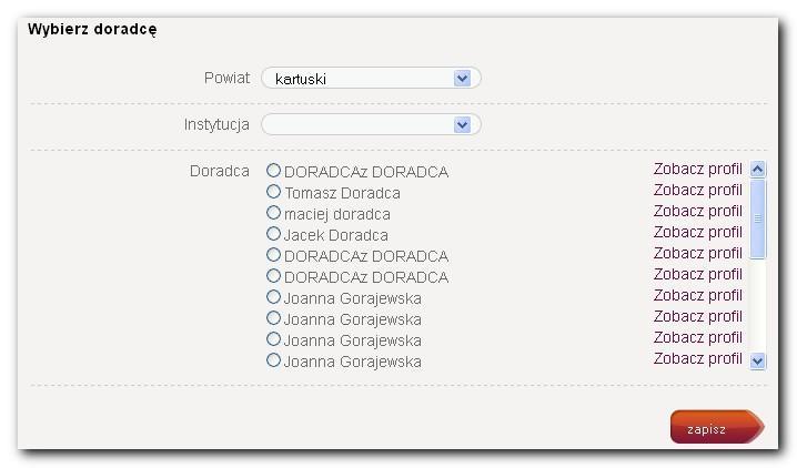 zasugerowanych doradców (system domyślnie ustawi powiat na liście taki, jaki