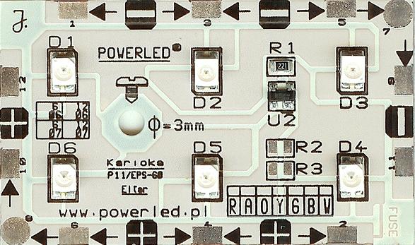 POWERLED L6 to moduł o wymiarach 50x30x4 mm zawierający 6 wysokowydajnych diod świecących LED.