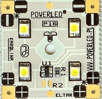 POWERLED L4 to moduł o wymiarach 30x30x4 mm zawierający 4 wysokowydajne diody świecące LED. Moduł znajduje szerokie zastosowanie w podświetlaniu reklam przestrzennych (wewnętrznych i zewnętrznych).