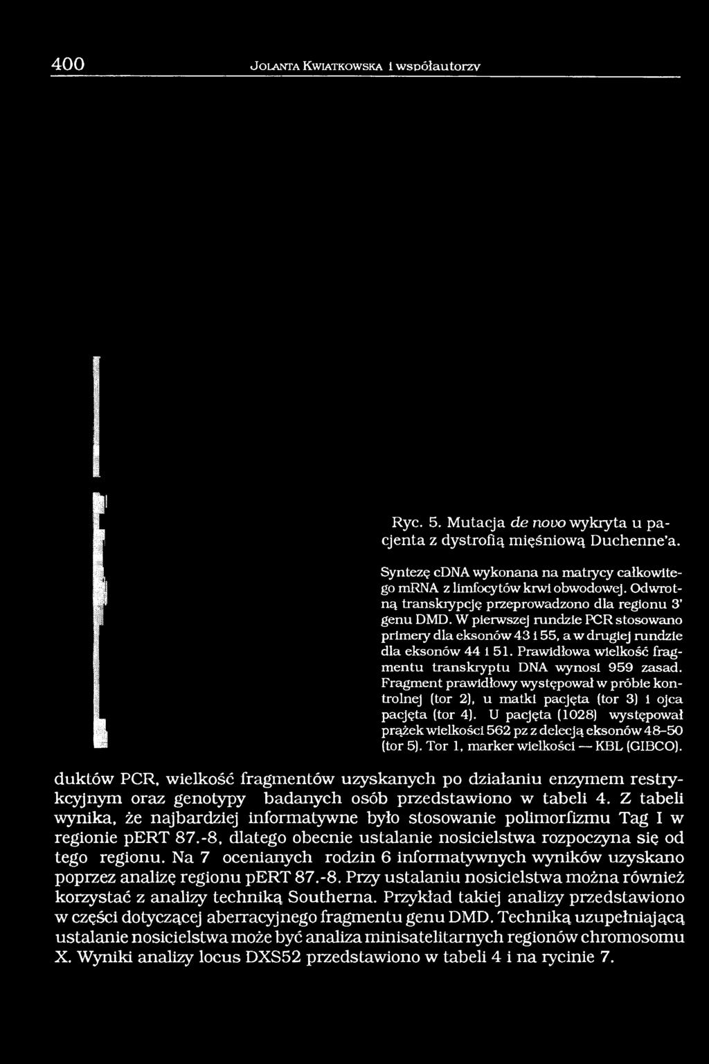 W pierwszej rundzie PCR stosowano primery dla eksonów 43 i 55, a w drugiej rundzie dla eksonów 44 i 51. Prawidłowa wielkość fragmentu transkryptu DNA wynosi 959 zasad.