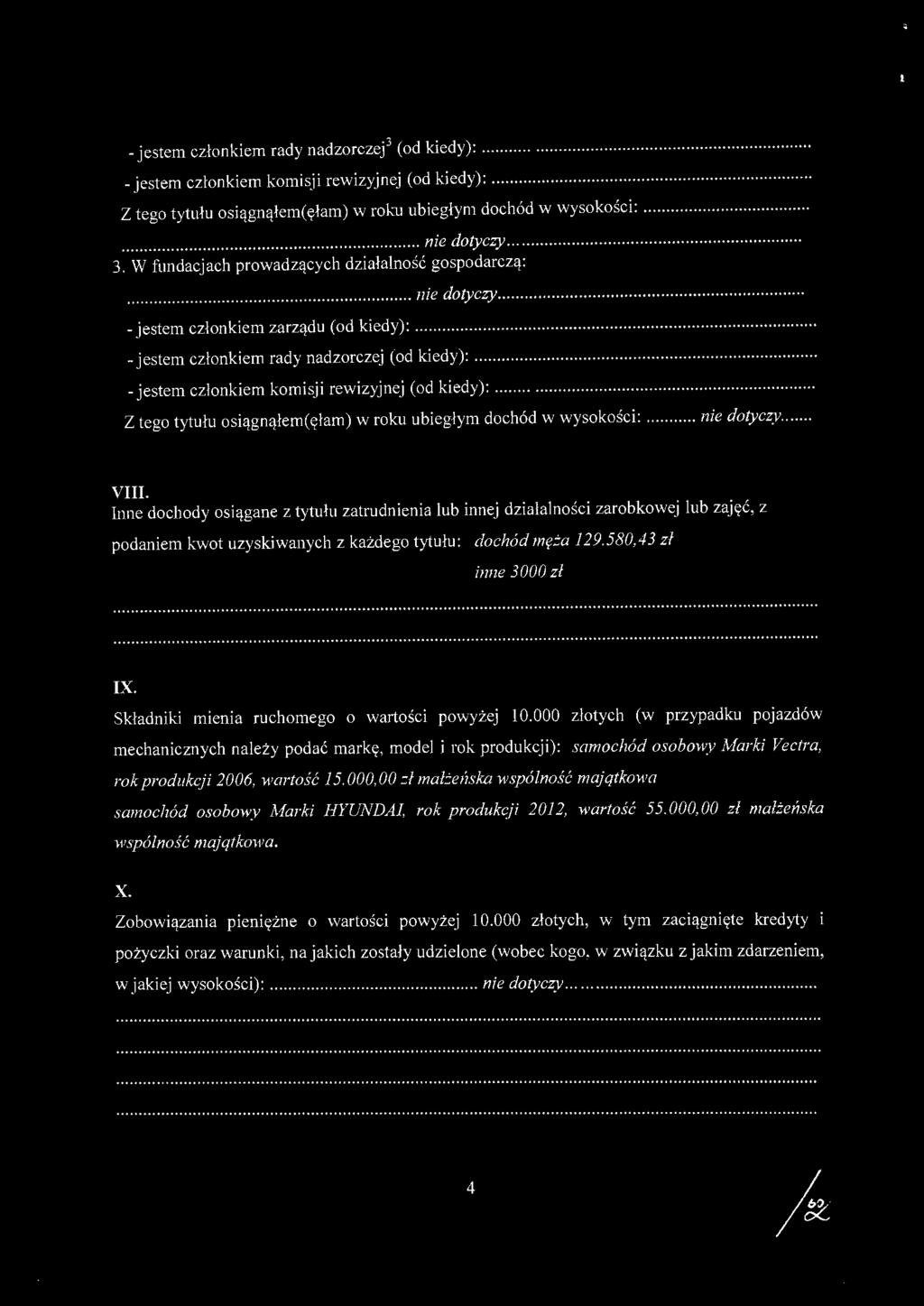 ... - jestem członkiem komisji rewizyjnej (od kiedy):.... z tego tytułu osiągnąłem( ęłam) w roku ubiegłym dochód w wysokości:... nie dotyczy.... VIII.