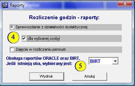 2. Wybrać właściwy kod rozliczenia pensum bez rozszerzenia UCP (lewy, górny róg formularza). 3. Wybrać pracownika etatowego jednostki, a następnie kliknąć przycisk Raporty. 4.