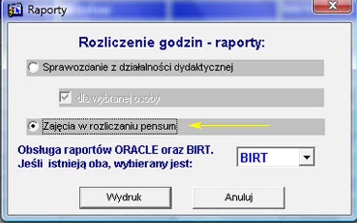 5. W oknie obsługa raportów ORACLE oraz BIRT wybrać opcję BIRT. 6. Kliknąć przycisk Wydruk, otworzy się okno Raport BIRT ustawienie parametrów. Następnie zaznaczyć opcję Karta godzin wykonanych. 7.