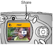 WYBÓR ZDJĘĆ DO DRUKOWANIA 1. Wybierz zdjęcie i naciśnij przycisk SHARE. 2. Wybierz funkcję PRINT, potwierdź przyciskiem OK. 3. Przyciskami wybierz liczbę kopii (0-99). Zero usuwa zaznaczenie zdjęcia.