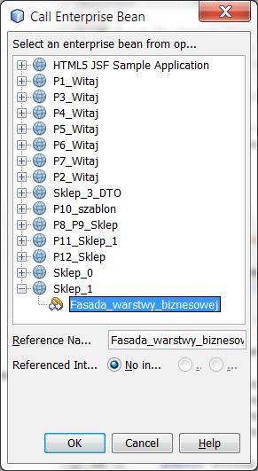 Code / Call Enterprise Bean - na końcu należy wybrać właściwy projekt