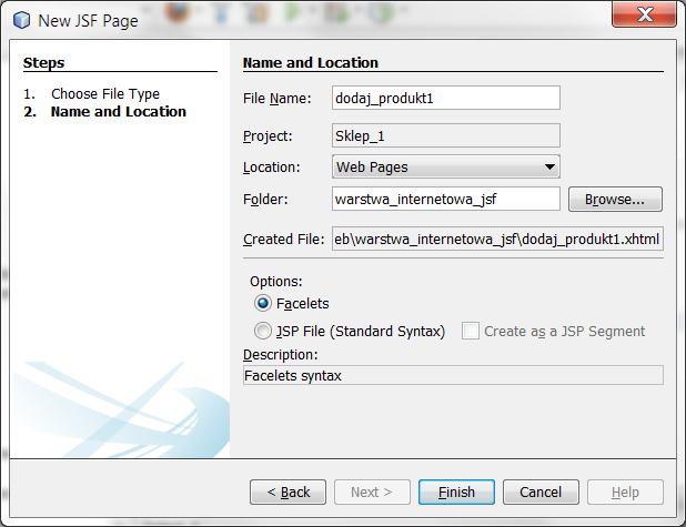 Dodanie strony typu JavaServer Faces do wstawiania danych produktu: