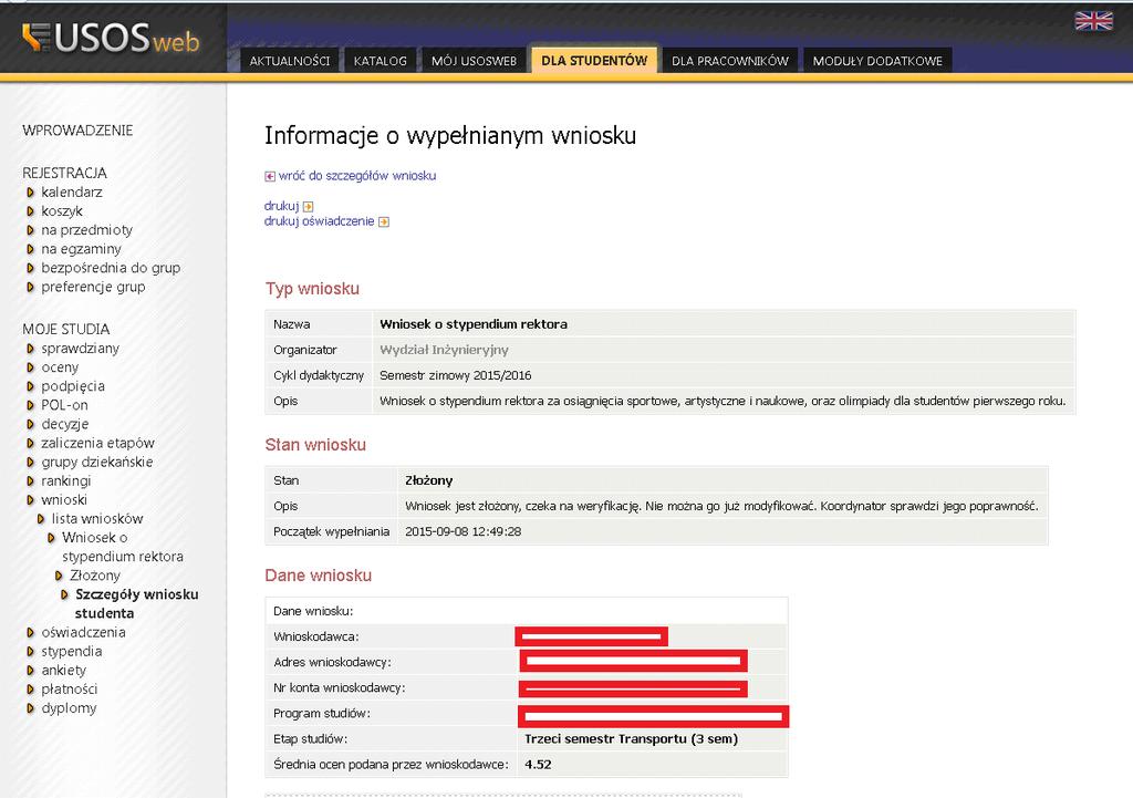 Po zarejestrowaniu wniosku przejdziesz do ekranu gdzie znajdują się wszystkie informacje na jego temat. UWAGA!!!! ZAREJESTROWANIE WNIOSKU W USOS-web NIE WYSTARCZY!