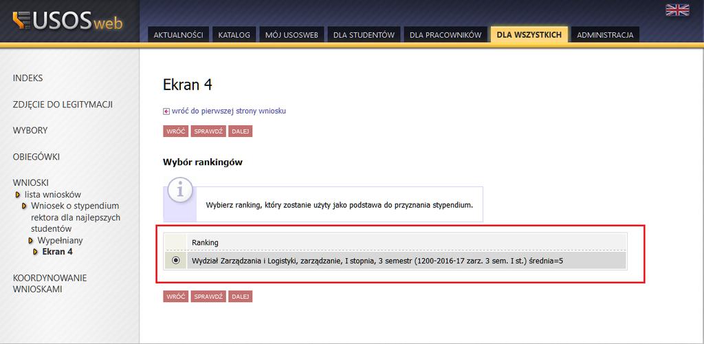 Ekran 4 Na tym ekranie system wskaże ranking, na podstawie którego pobrana jest i wskazana średnia ocen