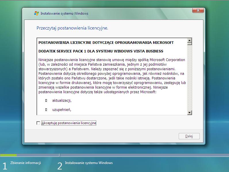 "Akceptuję postanowienia licencyjne". Kliknij przycisk Dalej.