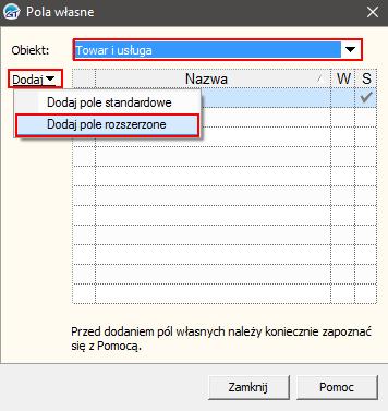 Dla tych towarów należy utworzyć kolejno dwa zestawy parametrów dodatkowych: Kolor (zawierający cechę kolor i Rozmiar (zawierający cechę rozmiar).