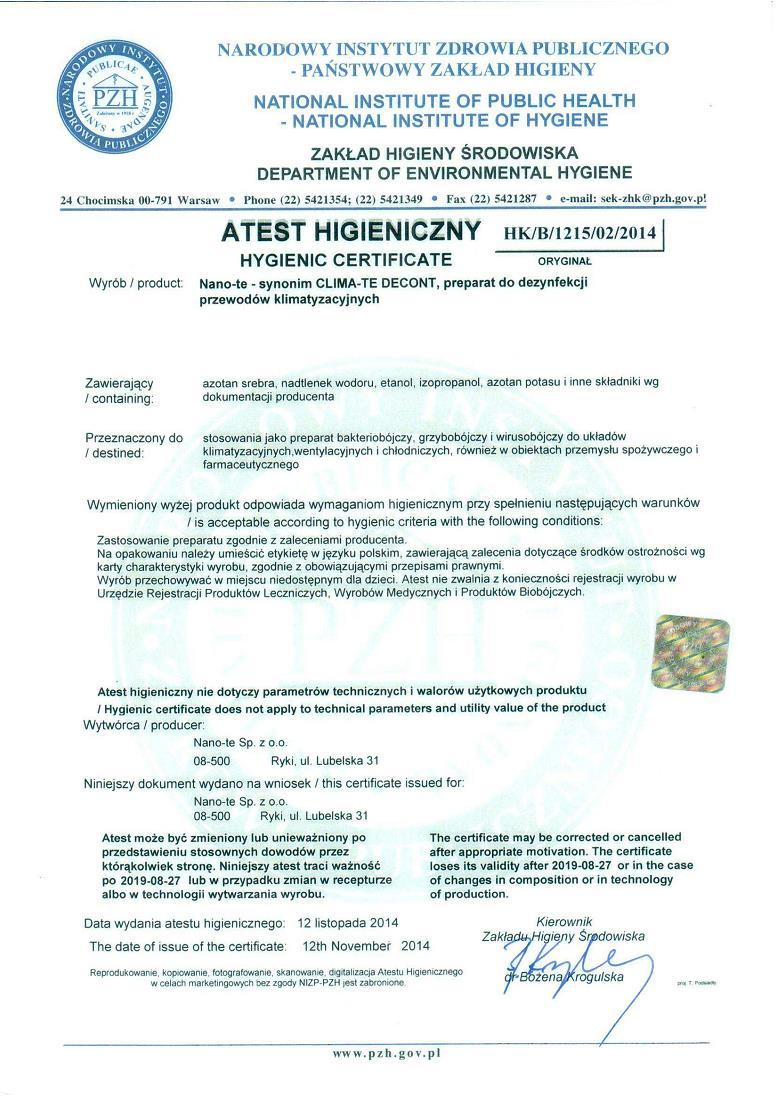 Clima-Te Decont Certyfikaty Atest Higieniczny Nr HK/B/1215/2/214