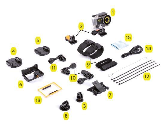 DOLĄCZONE AKCESORIA 1. Obudowa wodoodporna do 30m. 12. Opaski zaciskowe. 2. Mocowanie szybkie. 13. Tylna klapka zabezpieczająca. 3. Mocowanie fotograficzne standard. 14 Kabel USB. 4.