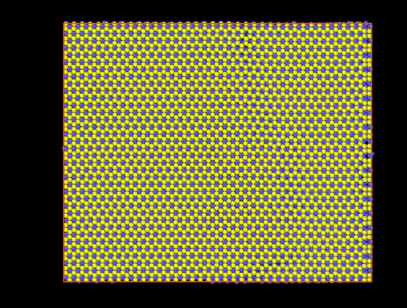 symulacja w 3 wymiarach, układ periodyczny w osi y i z sieć grafenu otrzymano nakładając na siebie 2 warstwy heksagonalne atomów węgla o stałej sieci 3.