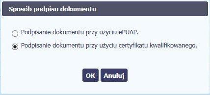 Po wprowadzeniu właściwego kodu i potwierdzeniu przez funkcję OK, system zaprezentuje komunikat o podpisie dokumentu i wysyłce do