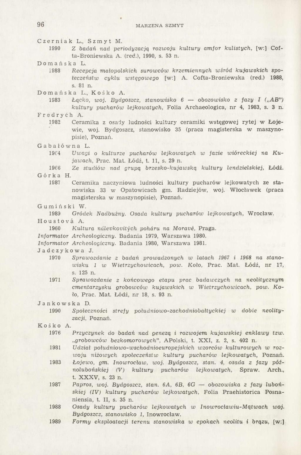 96 MARZENA SZMYT Czerniak L., Szmyt M. 1990 Z badań nad periodyzacją rozwoju kultury amfor kulistych, [w:] Cofta-Broniewska A. (red.), 1990, s. 53 n. Domańska L.