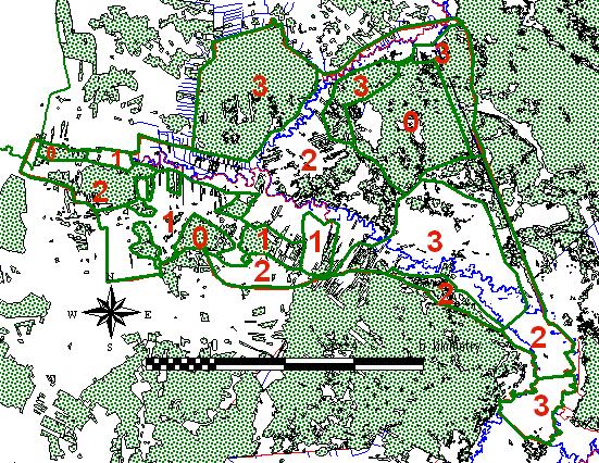 1 powierzchnie o niskim walorze, gdzie występuje stosunkowo niewiele gatunków, ale ze wglądu na to, że jest to głównie otwarta przestrzeń, jest miejscem żerowania i rozmnażania niektórych gatunków, 0