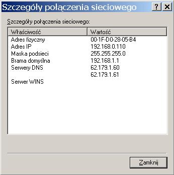 Maska sieci taka sama. Domyślna brama z domowej sieci (192.168.1.1). W okienku Szczegóły połączenia sieciowego dla Do_Z21 widać dwa serwery DNS, a więc jest dostęp do internetu.