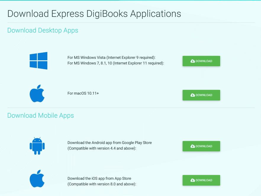 Download Apps (Pobierz aplikacje) W tej sekcji możesz pobrać aplikacje Express DigiBooks kompatybilne z: Microsoft