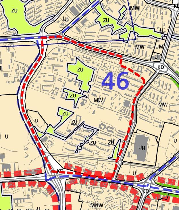 Rys. 6. Zmiana Studium - plansza K1- Struktura przestrzenna. Analizowany obszar znajduje się terenie strukturalnej jednostki urbanistycznych nr 46 Bieńczyce.