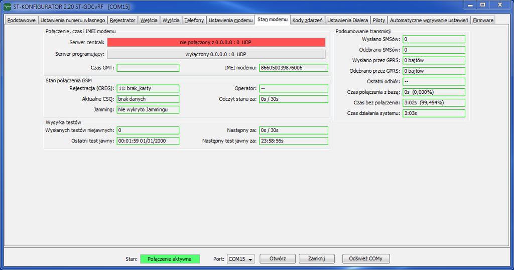 10. Zakładka Stan modemu 1. Serwer centrali - aktualny stan połączenia nadajnika z serwerem UDP 2. Serwer programujący - aktualny stan połączenia nadajnika z serwerem programującym 3.