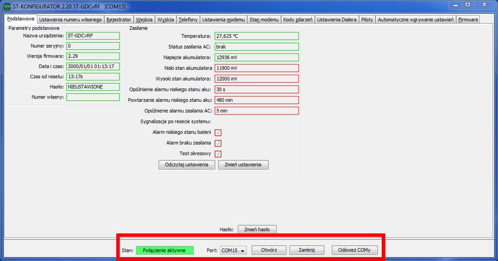 1. Stan: - wyświetla stan połączenia komputera z nadajnikiem. Port COM zamknięty Otwarty port COM. Połączenie aktywne 2. Port: - lista wyboru dostępnych portów COM. 3.