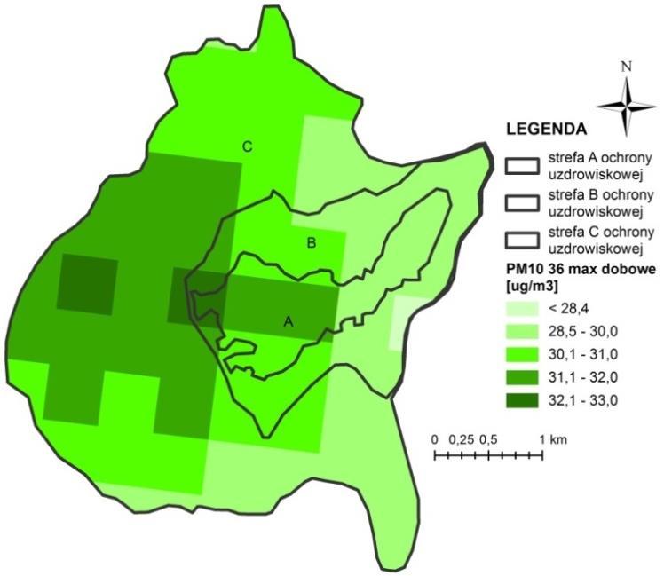 Rys. 3.4. Rozkłady stężeń pyłu PM1 na obszarze uzdrowiska Polańczyk w 217 r. Wyniki modelowania zanieczyszczenia powietrza pyłem PM2.