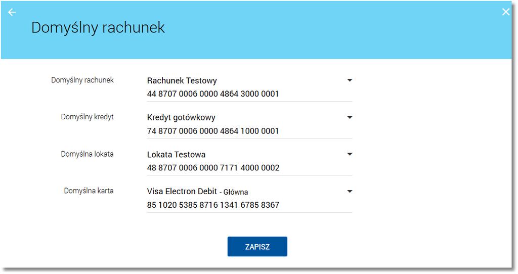 Domyślny rachunek Wybór opcji Domyślny rachunek umożliwia użytkownikowi wskazanie domyślnego rachunku/produktu dla: Rachunków Bieżących (RB), Lokat, Kredytów, Kart płatniczych.
