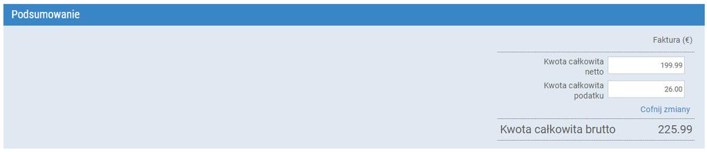 W podsumowaniu faktury na dole strony znajduje się kwota netto, kwota podatku oraz kwota brutto.