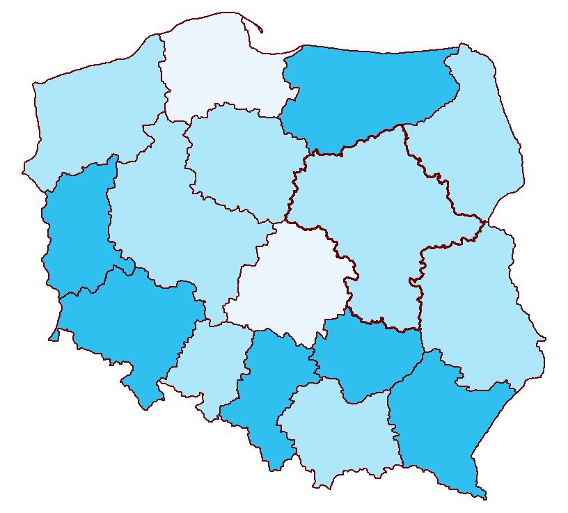 Udział gruntów należących do Samorządów Województw w ogólnej powierzchni województw 0,2% do 0,26% (6) 0,1% do 0,2% (8) 0,09% do 0,1% (2) (w nawiasie podano liczbę