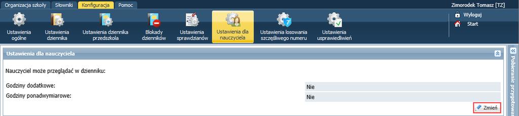 Jak rozpocząć pracę z systemem UONET+? 24/24 Widok Ustawienia dla nauczyciela służy do włączania w module Dziennik widoku godzin dodatkowych i godzin ponadwymiarowych na wstążce Nauczyciel.