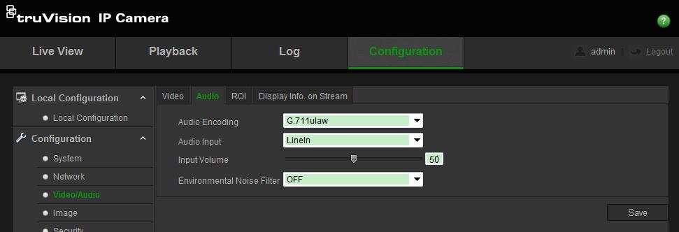 Aby skonfigurować ustawienia audio: 1. Na pasku narzędzi menu kliknij opcje Configuration > Video/Audio > Audio (Konfiguracja > Wideo i audio > Audio).