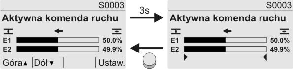 wartości E1 (zadana wartość położenia). Kierunek komendy ruchu jest wskazywany przez strzałkę powyżej wskaźnika paskowego. Rysunek pokazuje komendę ruchu w kierunku zamykania.