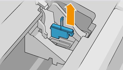 9. Za pomocą niebieskiego uchwytu, bez szarpania, zwolnij głowicę. 10. Pociągnij do góry niebieski uchwyt, dopóki głowica drukująca nie zostanie uwolniona z karetki.