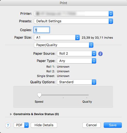 W oknie dialogowym sterownika drukowania w systemie Mac OS X: przejdź do sekcji Opcje jakości w panelu Papier/Jakość.