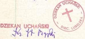 Monografia rzymskokatolickiej parafii św. Mikołaja w Grabowcu, tom II 169 Odcisk 12 Rok 1975, 22 grudnia. Odcisk pieczęci i podpis dziekana dekanatu uchańskiego ks. Stanisława Byrskiego.