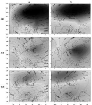 the 500 hpa geopotential height (a) and their anomalies (b) for days with the UTCI > 32 C by designated groups (G I, G II) Rys. 9.