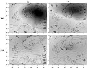 values of SLP and the 500 hpa geopotential height (a) and their anomalies (b) for days with the UTCI < 27 C by designated groups (G I, G II, G III) Rys. 11.