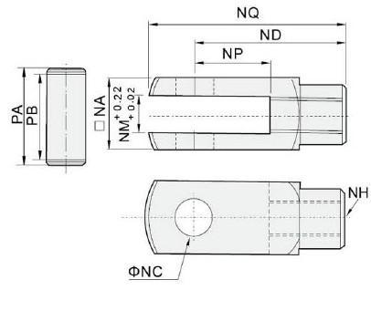 Końcówki do mocowania na tłoczysku Y (C): Końcówka widełkowa (z zaciskiem) NA 19 25,4 32 32 44,4 44,4 55 70 70 NC 10 12 16 16 20 20 30 35 35 ND 40 48 64 64 80