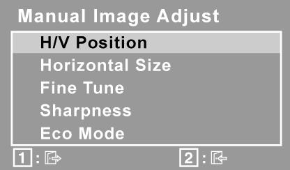 Element Objaśnienie Manual Image Adjust (ręczna regulacja obrazu) wyświetla menu ręcznej regulacji obrazu. H./V.