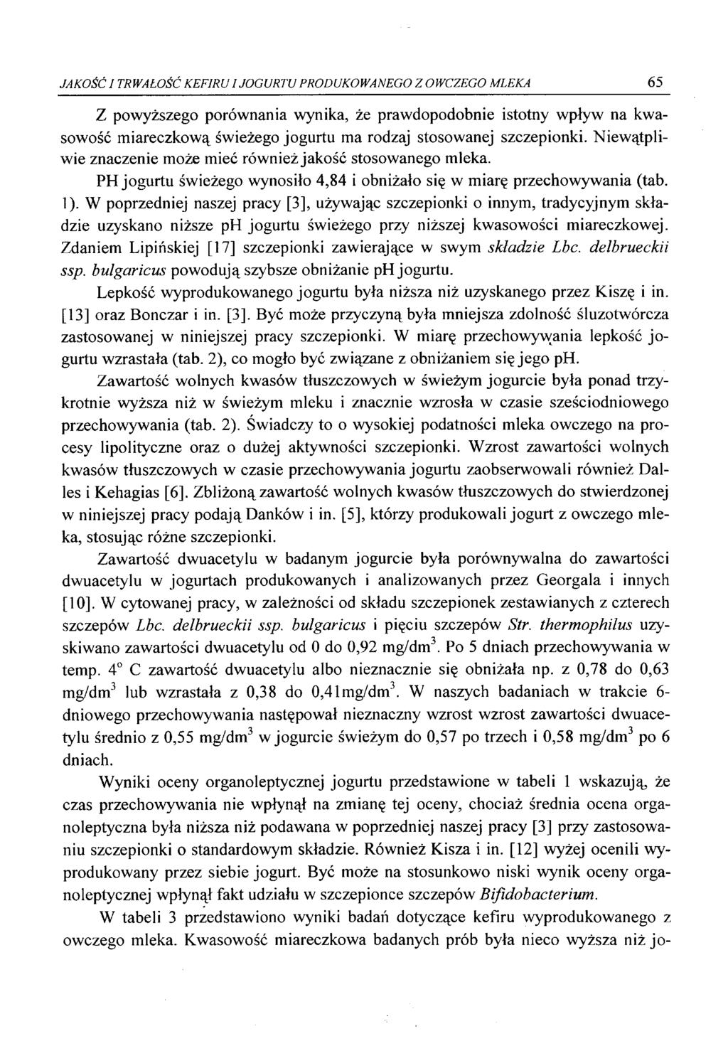 JAKOŚĆ I TRWAŁOŚĆ KEFIRU I JOGURTU PRODUKOWANEGO Z OWCZEGO MLEKA 65 Z powyższego porównania wynika, że prawdopodobnie istotny wpływ na kwasowość miareczkową świeżego jogurtu ma rodzaj stosowanej