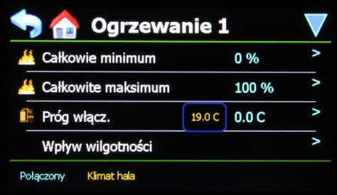 Przycisk ogrzewania \ (ogrzewanie 1 lub ogrzewanie 2) Całkowite minimum: Ustawienie nieprzekraczalnego minimalnego procentu ogrzewania.