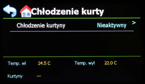 6.2.1.3 EKRAN KURTYN CHŁODZĄCYCH Chłodzenie kurtyny : Możemy aktywować lub dezaktywować kurtyny. 6.2.2 EKRAN AKTYWNYCH WPŁYWÓW