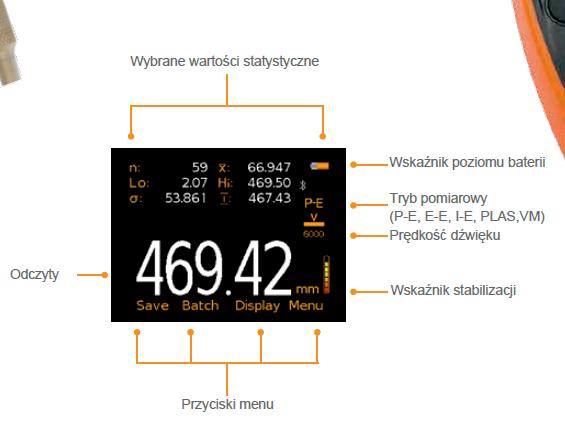 Możliwości pomiarowe mierników widoczne na ekranie: Wyświetlacz: Duży kolorowy ekran (6 cm) odporny na