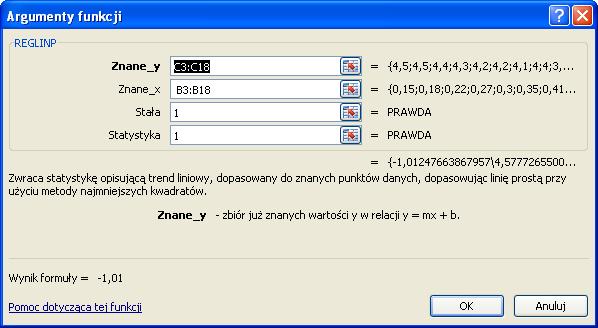 W komórkę B21 wprowadź funkcję REGLINP(). Za pomocą rozwiniętego okna dialogowego wprowadź jako zmienne: znane_ y kolumn ę U arkusza; znane_ x kolumn ę I arkusza.